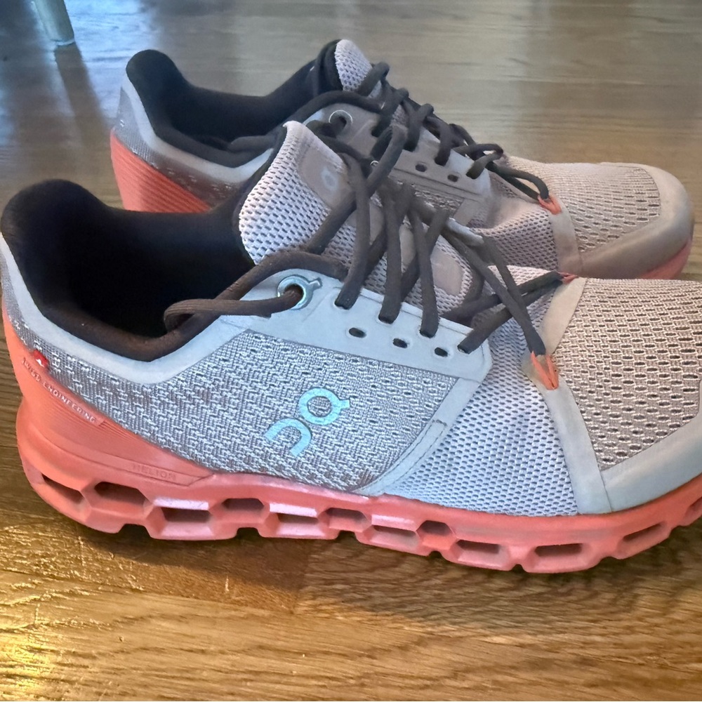 On Running Gray and Pink Athletic Shoes